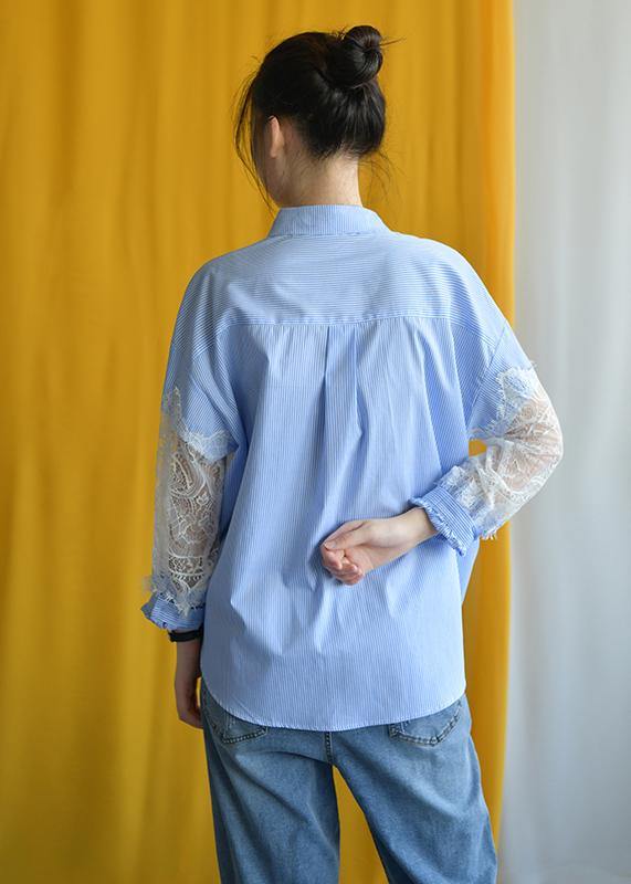 Blue Striped Cotton Blouse Lace Patchwork Silhouette Fall Shirt