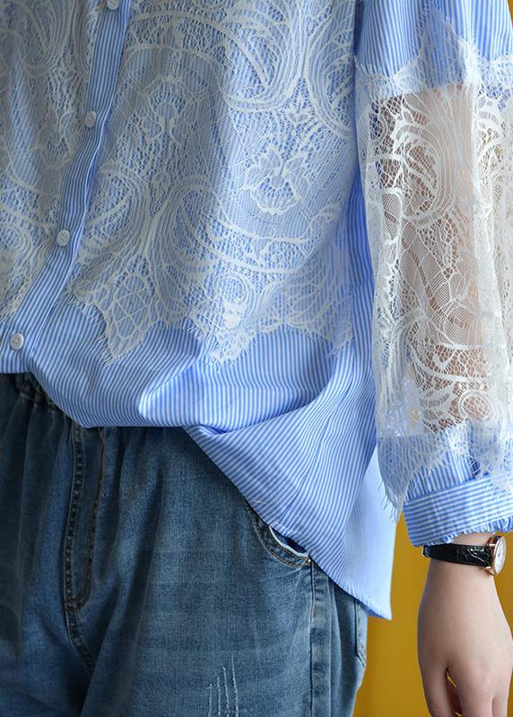 Blue Striped Cotton Blouse Lace Patchwork Silhouette Fall Shirt