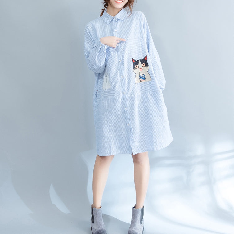 Blue Striped Cotton Knee Dress Loose Fitting Traveling Dress Fine Patchwork Cats Prints Shirt Dress