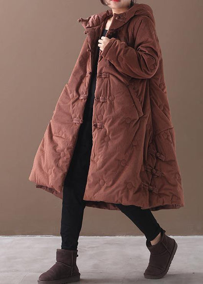 Brown Outwear Warm Winter Coat Chinese Button Hooded Coats