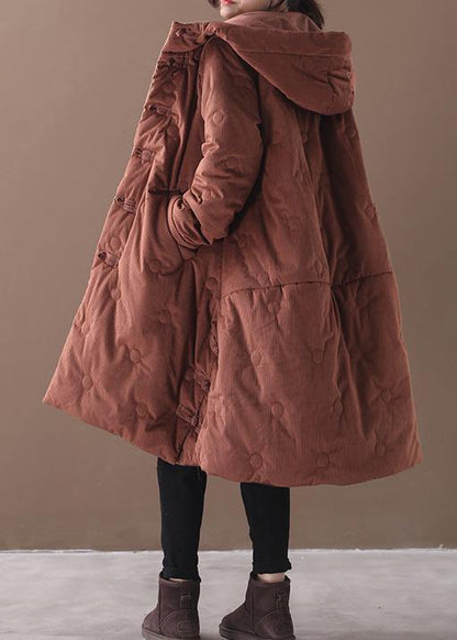 Brown Outwear Warm Winter Coat Chinese Button Hooded Coats