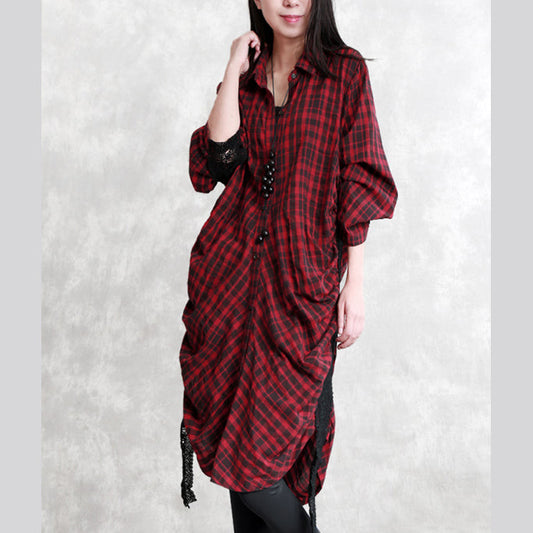 Burgundy Plaid Natural Linen Shirt Dress Traveling Dress Long Sleeve Cinched Turn-down Collar Patchwork Linen Shirt Dresses