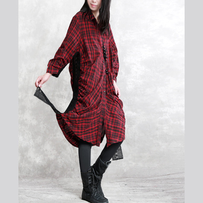 Burgundy Plaid Natural Linen Shirt Dress Traveling Dress Long Sleeve Cinched Turn-down Collar Patchwork Linen Shirt Dresses