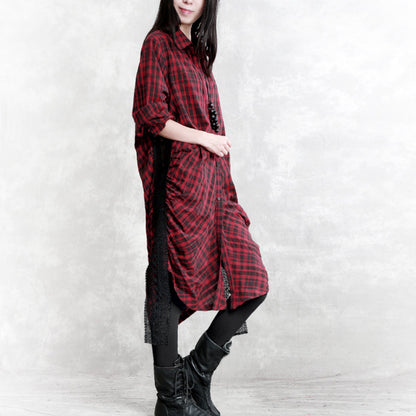 Burgundy Plaid Natural Linen Shirt Dress Traveling Dress Long Sleeve Cinched Turn-down Collar Patchwork Linen Shirt Dresses