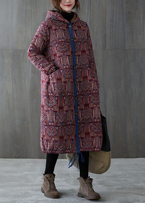 Burgundy Print Overcoat Warm Hooded Drawstring Winter Coats