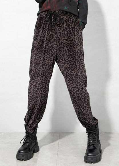 Chocolate Drawstring Pockets Leopard Corduroy Pants Spring