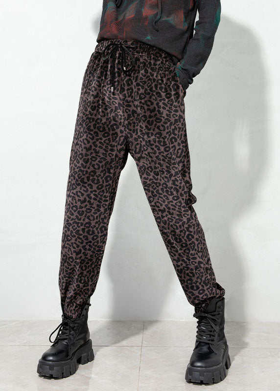 Chocolate Drawstring Pockets Leopard Corduroy Pants Spring