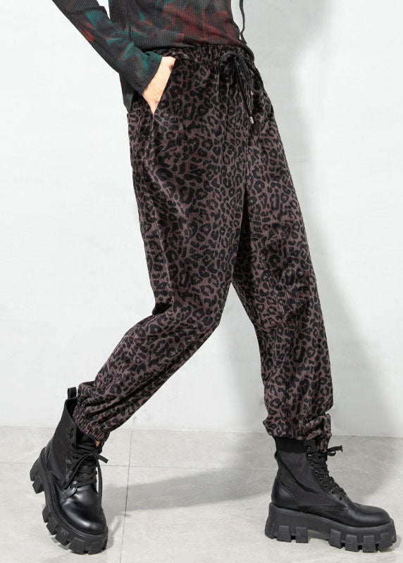 Chocolate Drawstring Pockets Leopard Corduroy Pants Spring