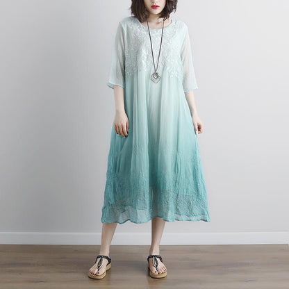Cotton Blouse Oversize Fake Two-piece Pockets Retro Green Summer Dress