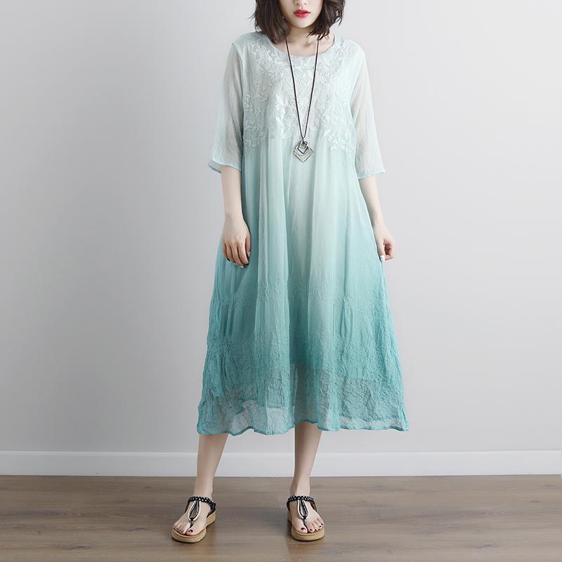Cotton Blouse Oversize Fake Two-piece Pockets Retro Green Summer Dress