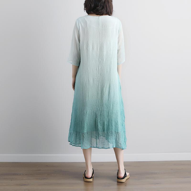 Cotton Blouse Oversize Fake Two-piece Pockets Retro Green Summer Dress