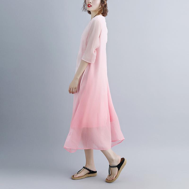 Cotton Blouse Oversize Fake Two-piece Pockets Retro Green Summer Dress