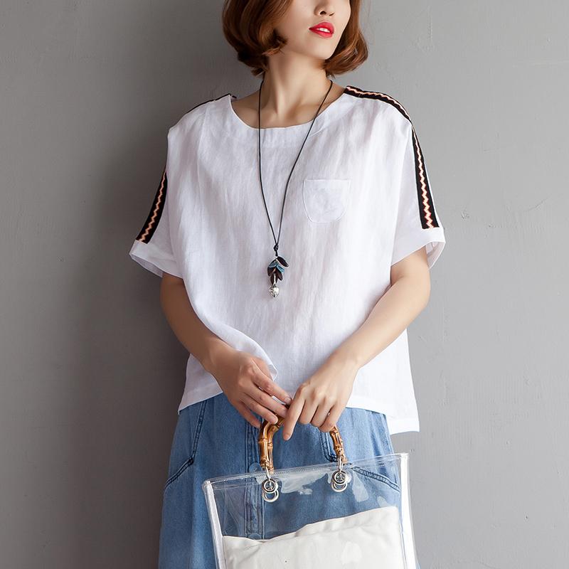 Cotton Linen Blouse Clothing High-low Hem Summer Short Sleeve White Blouse
