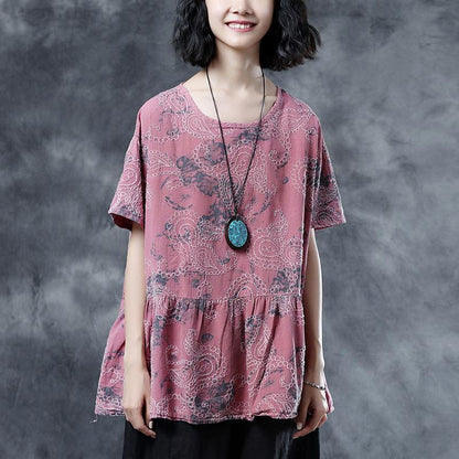 Cotton Linen Blouses Pleated Summer Short Sleeve Embroidery Pink Loose Blouse