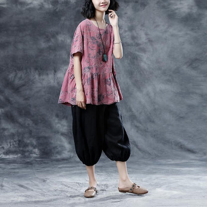 Cotton Linen Blouses Pleated Summer Short Sleeve Embroidery Pink Loose Blouse