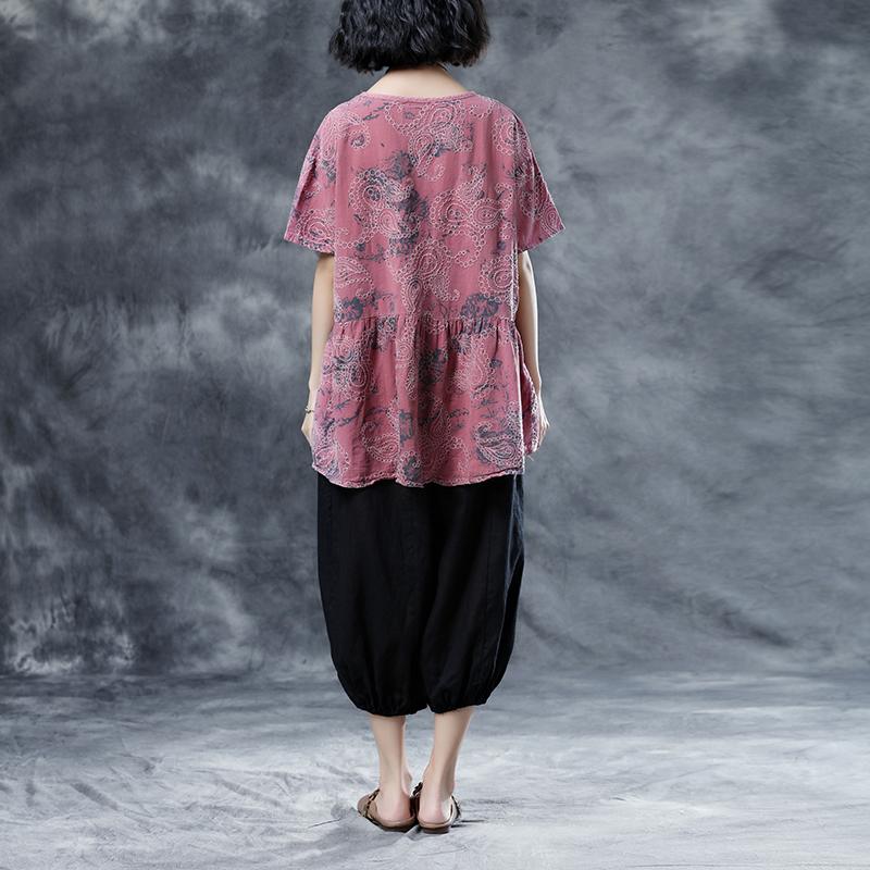 Cotton Linen Blouses Pleated Summer Short Sleeve Embroidery Pink Loose Blouse