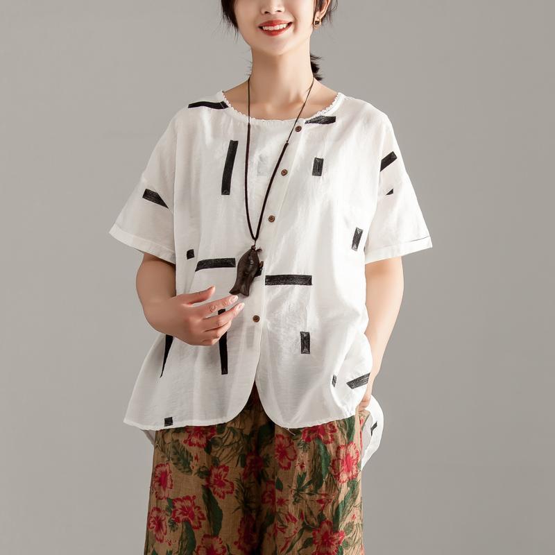 Cotton Shirts Round Neck Short Sleeve Summer White High-low Hem Blouse