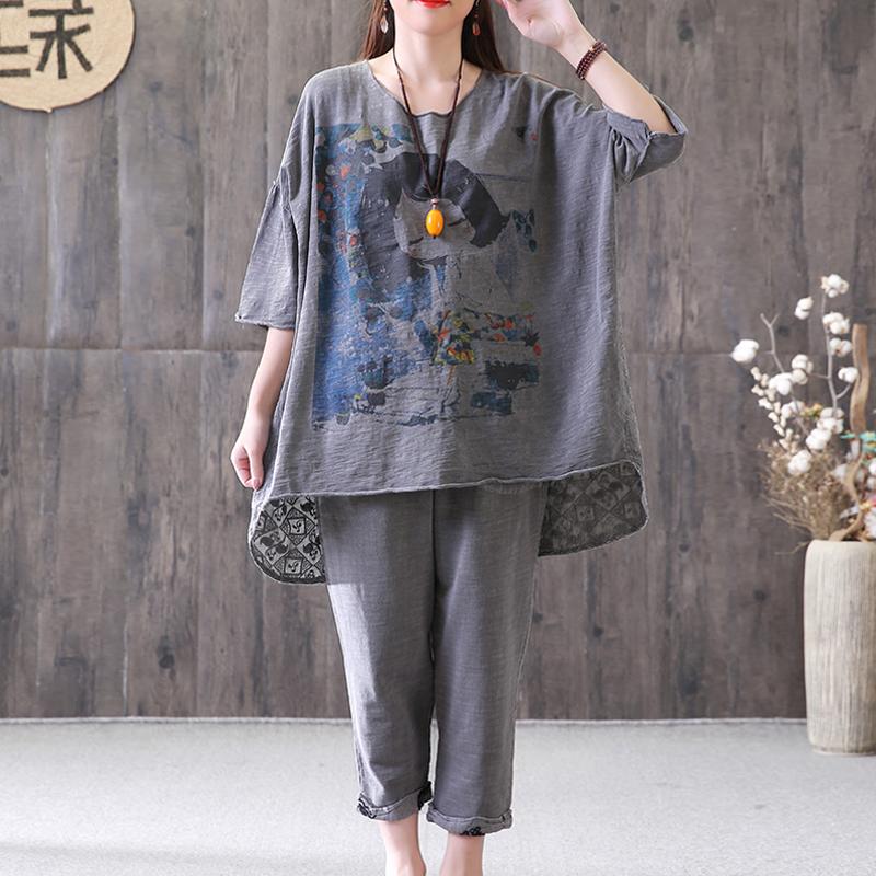 Cotton Summer Top Loose Gray High-low Hem Summer Suit