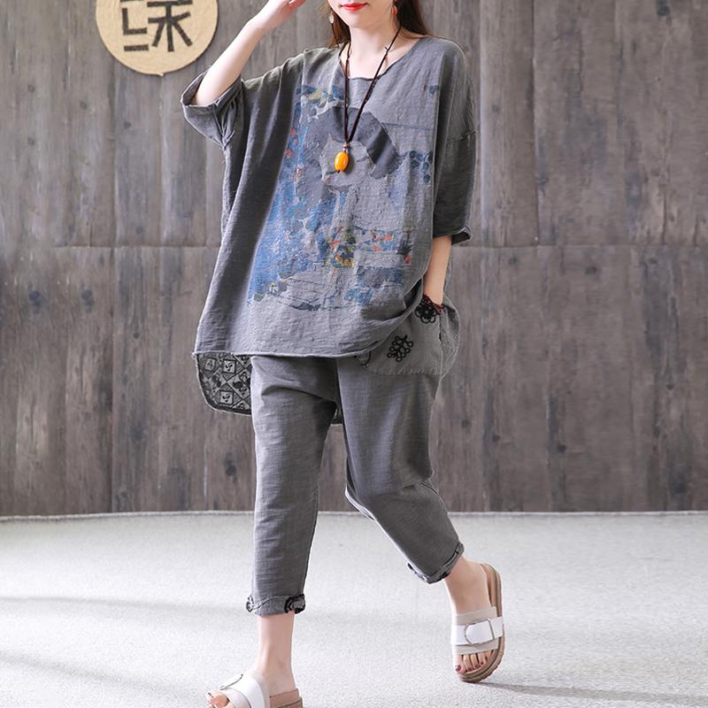 Cotton Summer Top Loose Gray High-low Hem Summer Suit
