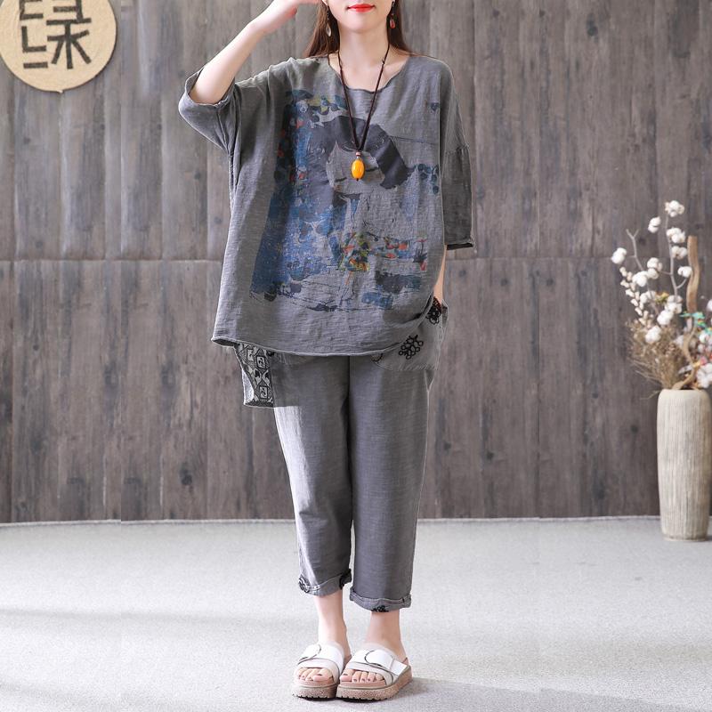 Cotton Summer Top Loose Gray High-low Hem Summer Suit