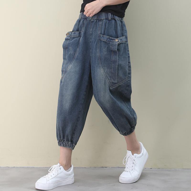 Dark Denim Blue Trousers Summer Pockets Cotton Shorts