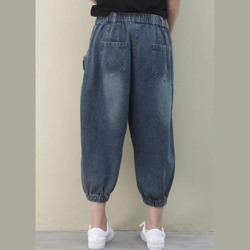 Dark Denim Blue Trousers Summer Pockets Cotton Shorts