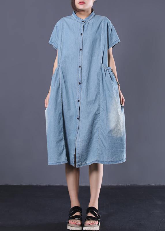 Denim Blue Cotton Clothes Cinched Pockets Long Summer Dresses