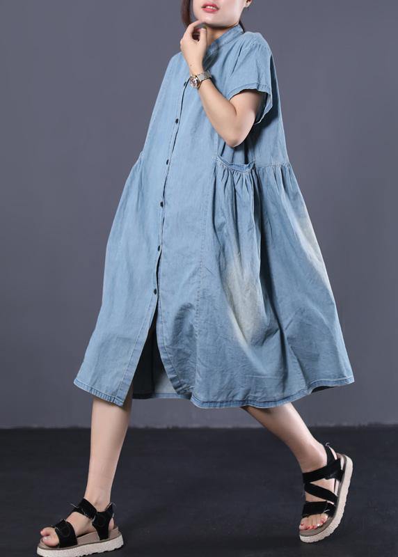 Denim Blue Cotton Clothes Cinched Pockets Long Summer Dresses