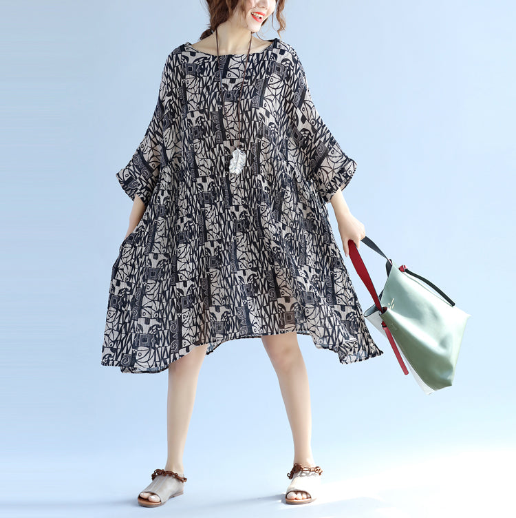 Cotton Linen Knee Dress Oversized Batwing Sleeve Large Hem Linen Cotton Dress O Neck Cinched Dresses