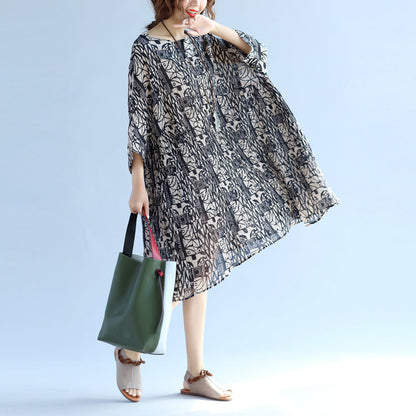 Cotton Linen Knee Dress Oversized Batwing Sleeve Large Hem Linen Cotton Dress O Neck Cinched Dresses