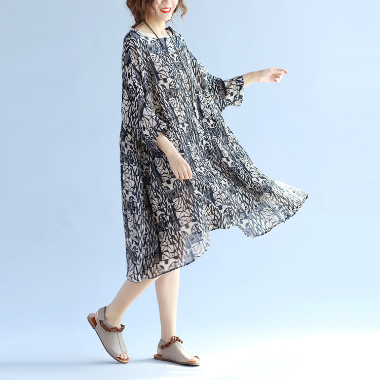 Cotton Linen Knee Dress Oversized Batwing Sleeve Large Hem Linen Cotton Dress O Neck Cinched Dresses