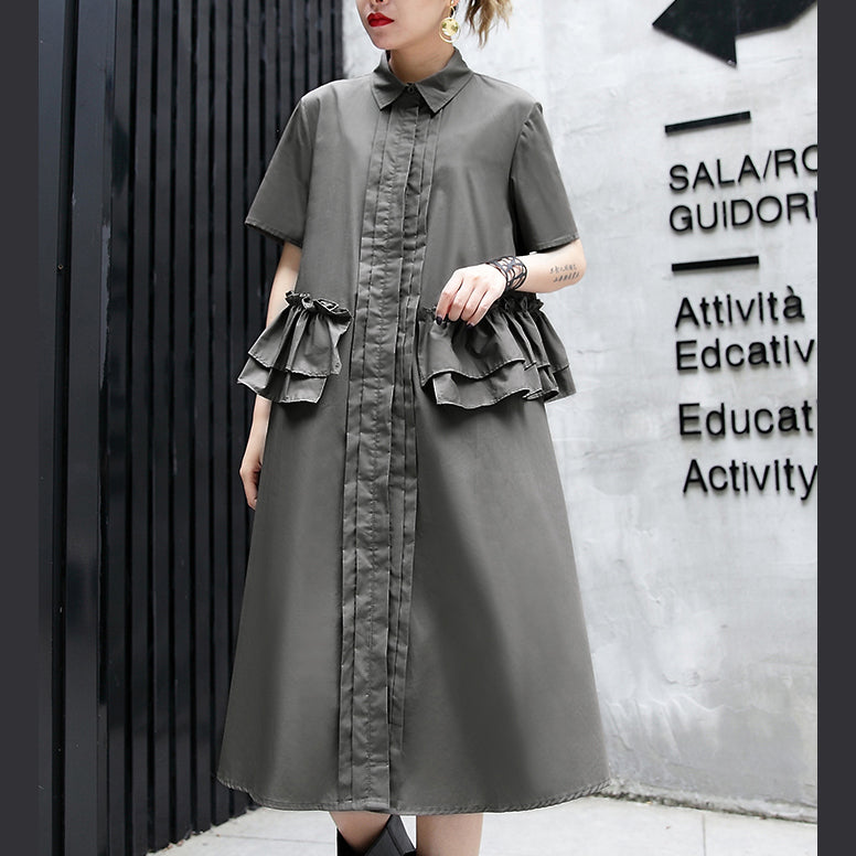 Gray Green Cotton Knee Dress Oversize Traveling Clothing Lapel Collar Ruffles Cotton Clothing Dresses