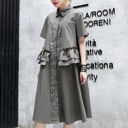 Gray Green Cotton Knee Dress Oversize Traveling Clothing Lapel Collar Ruffles Cotton Clothing Dresses