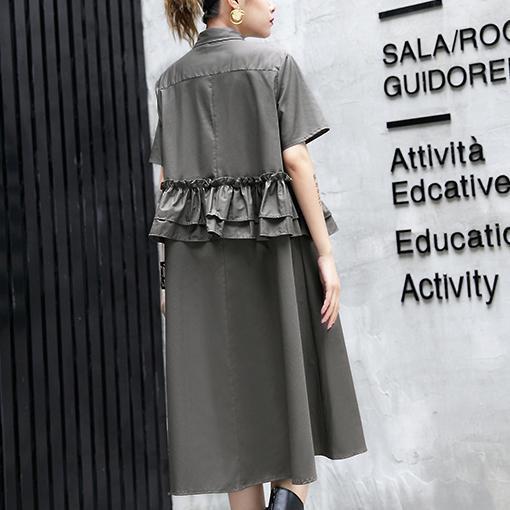 Gray Green Cotton Knee Dress Oversize Traveling Clothing Lapel Collar Ruffles Cotton Clothing Dresses