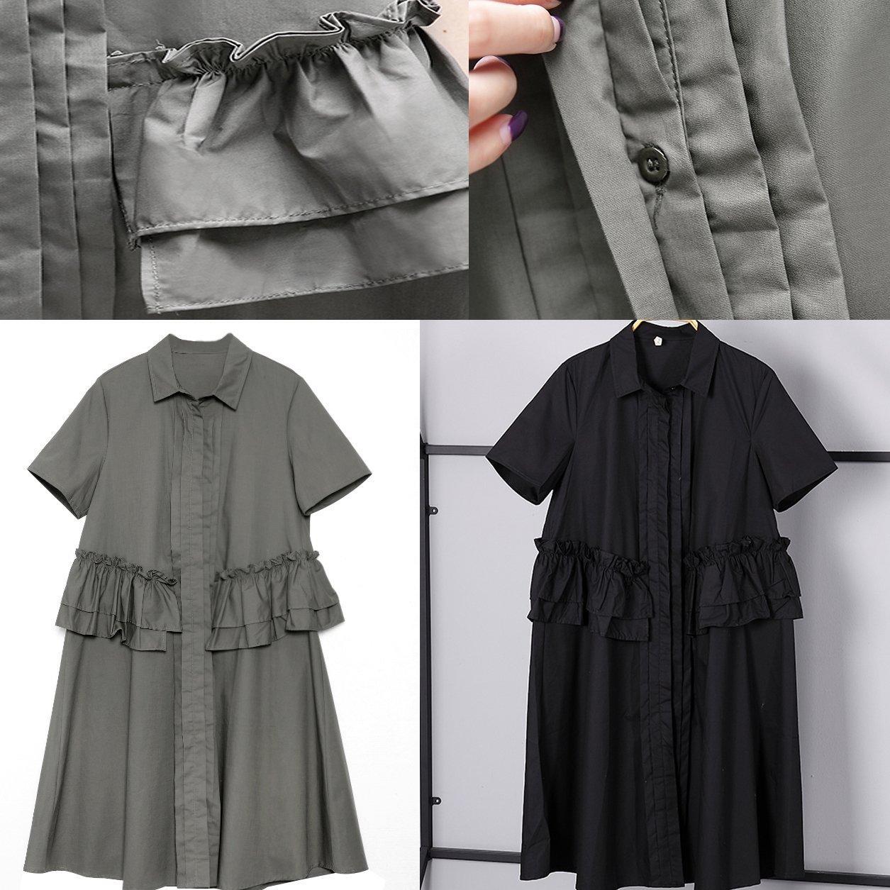 Gray Green Cotton Knee Dress Oversize Traveling Clothing Lapel Collar Ruffles Cotton Clothing Dresses