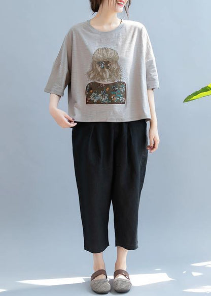 Gray Print Tunic Top O Neck Half Sleeve Cotton Shirt