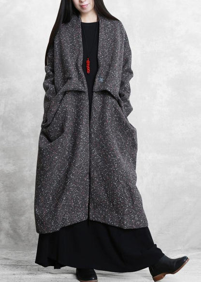 Gray Print Woolen Outwear Oversized Side Open Winter Coat