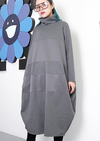 Gray Shift Dress Long Sleeve New Turtleneck Patchwork Cotton Blended Clothing Dress