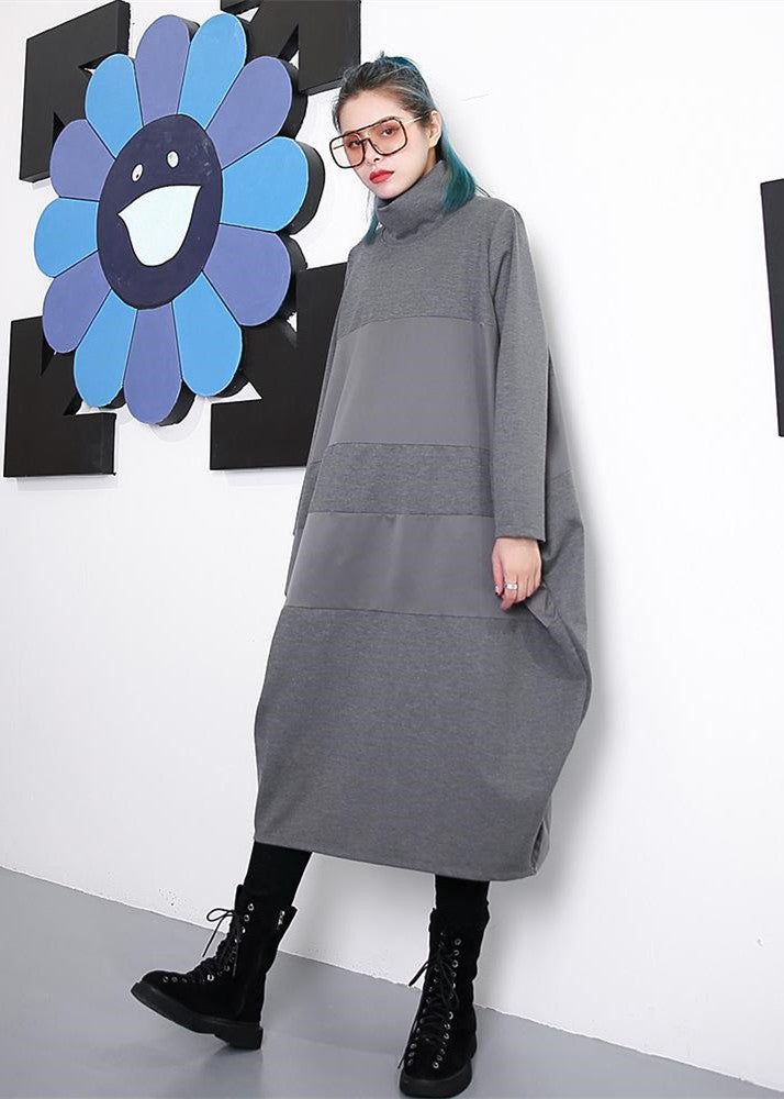 Gray Shift Dress Long Sleeve New Turtleneck Patchwork Cotton Blended Clothing Dress