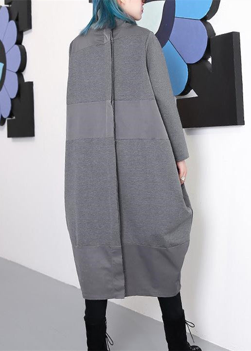 Gray Shift Dress Long Sleeve New Turtleneck Patchwork Cotton Blended Clothing Dress