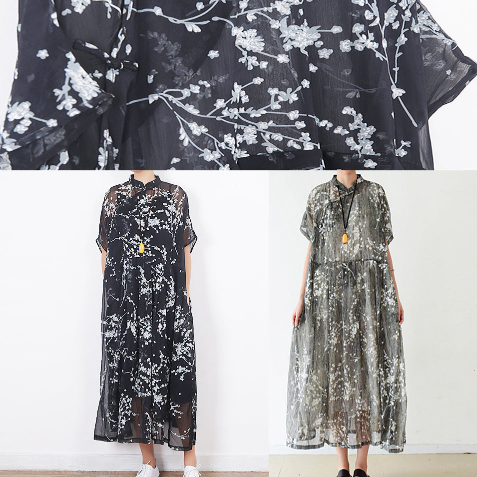 Gray Silk Long Shirts Fine Cotton Chinese Button Traveling Summer Dress