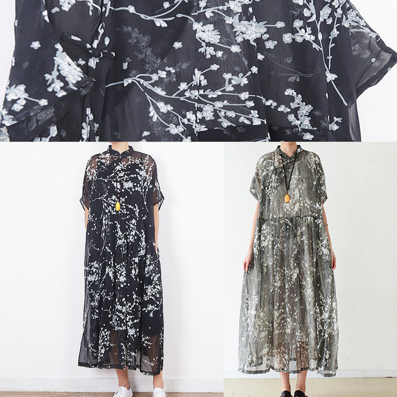 Gray Silk Long Shirts Fine Cotton Chinese Button Traveling Summer Dress
