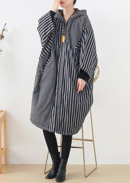 Gray Striped Coats Oversized Winter Hooded Patchwork Outwear