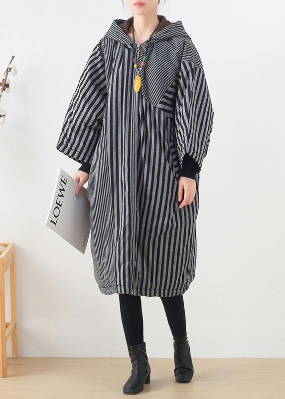 Gray Striped Coats Oversized Winter Hooded Patchwork Outwear