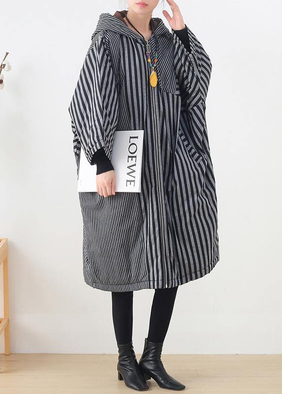 Gray Striped Coats Oversized Winter Hooded Patchwork Outwear