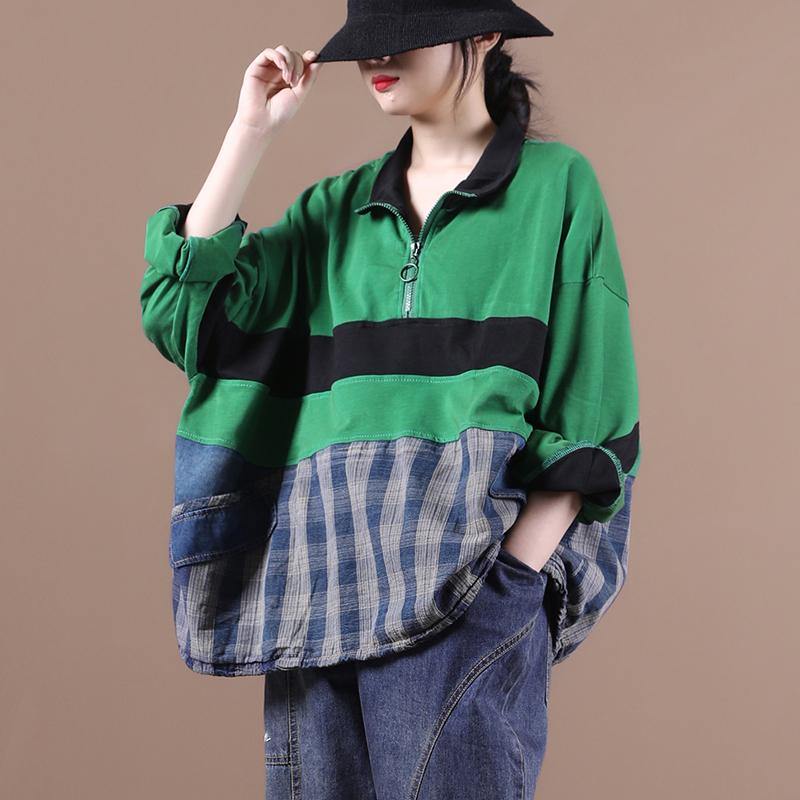 Green Blouse Lapel Zippered Clothing Shirt