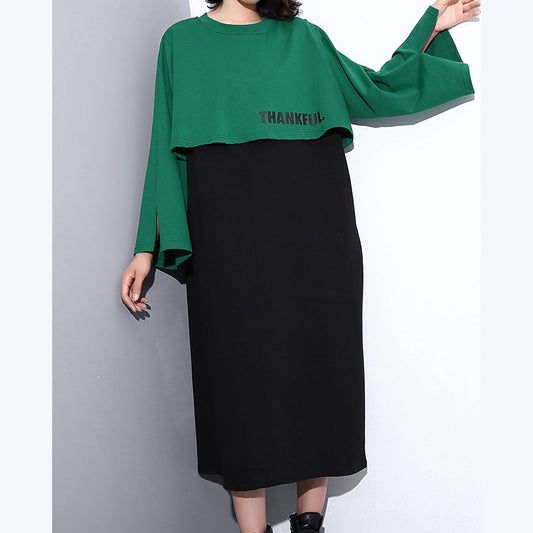 Green Autumn Cotton Dress Oversized O Neck Gown New Faux Two Pieces Caftans
