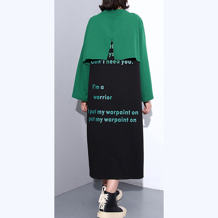 Green Autumn Cotton Dress Oversized O Neck Gown New Faux Two Pieces Caftans