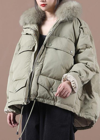 Green Duck Down Coat Clothing Down Jacket Faux Fur Collar Drawstring Overcoat
