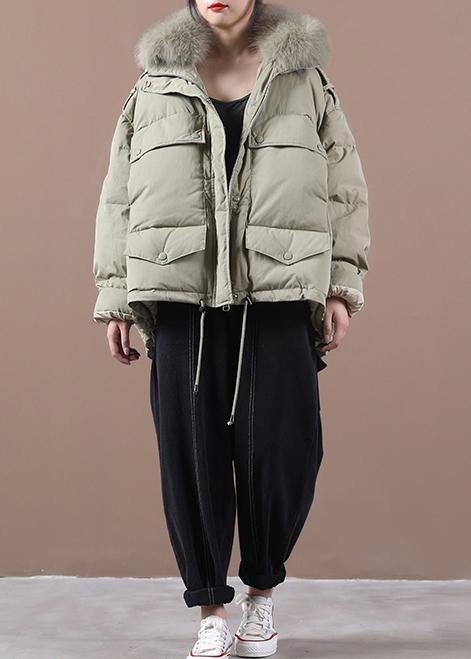 Green Duck Down Coat Clothing Down Jacket Faux Fur Collar Drawstring Overcoat